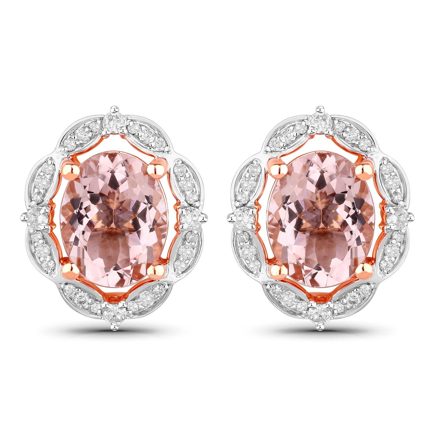 3.52 Carat Genuine Morganite and White Diamond 14K Rose Gold Earrings