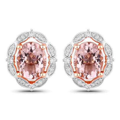 3.52 Carat Genuine Morganite and White Diamond 14K Rose Gold Earrings