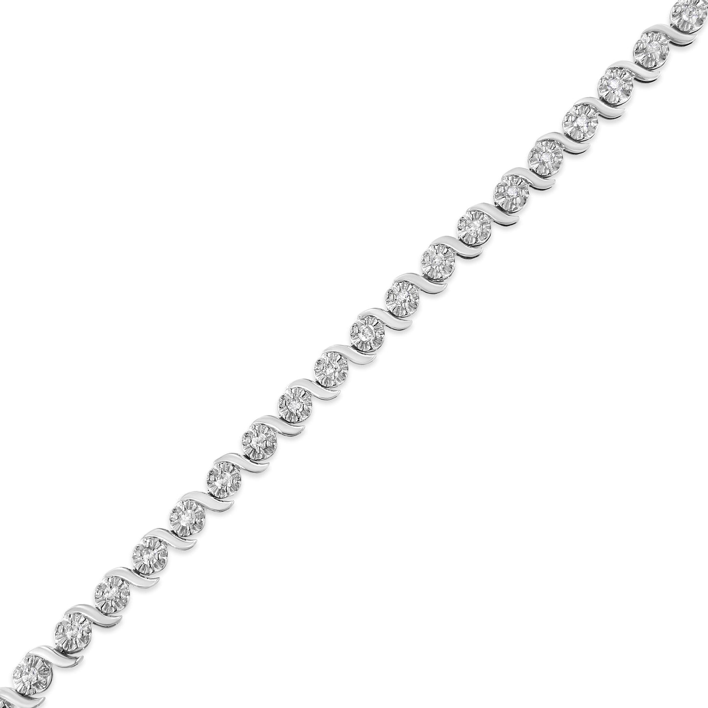 .925 Sterling Silver 1.0 Cttw Diamond Spiral Wave Curved-Link 7" Tennis Bracelet (I-J Color, I3 Clarity)