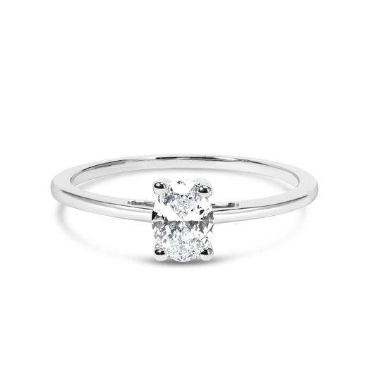 Bague de fiançailles solitaire en or blanc 14K avec diamant ovale de laboratoire 1/2 ct, 4 griffes (couleur F-G, pureté VS2-SI1) - Taille 7