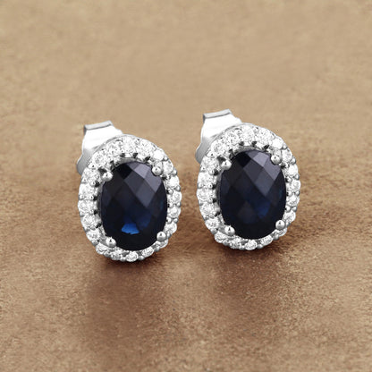 2.16 Carat Genuine Blue Sapphire and White Diamond 14K White Gold Earrings