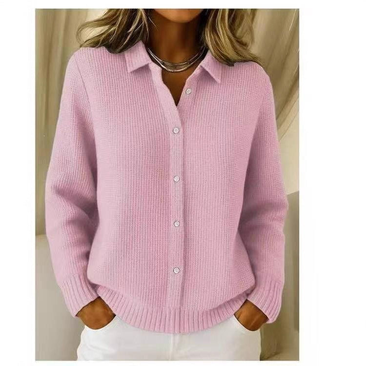 2026 New European And American Cross-Border Turn-Down Collar Solid Color Sweater Cardigan European And American Cross-Border Casual Knit Jacket For Women In Autumn And Winter