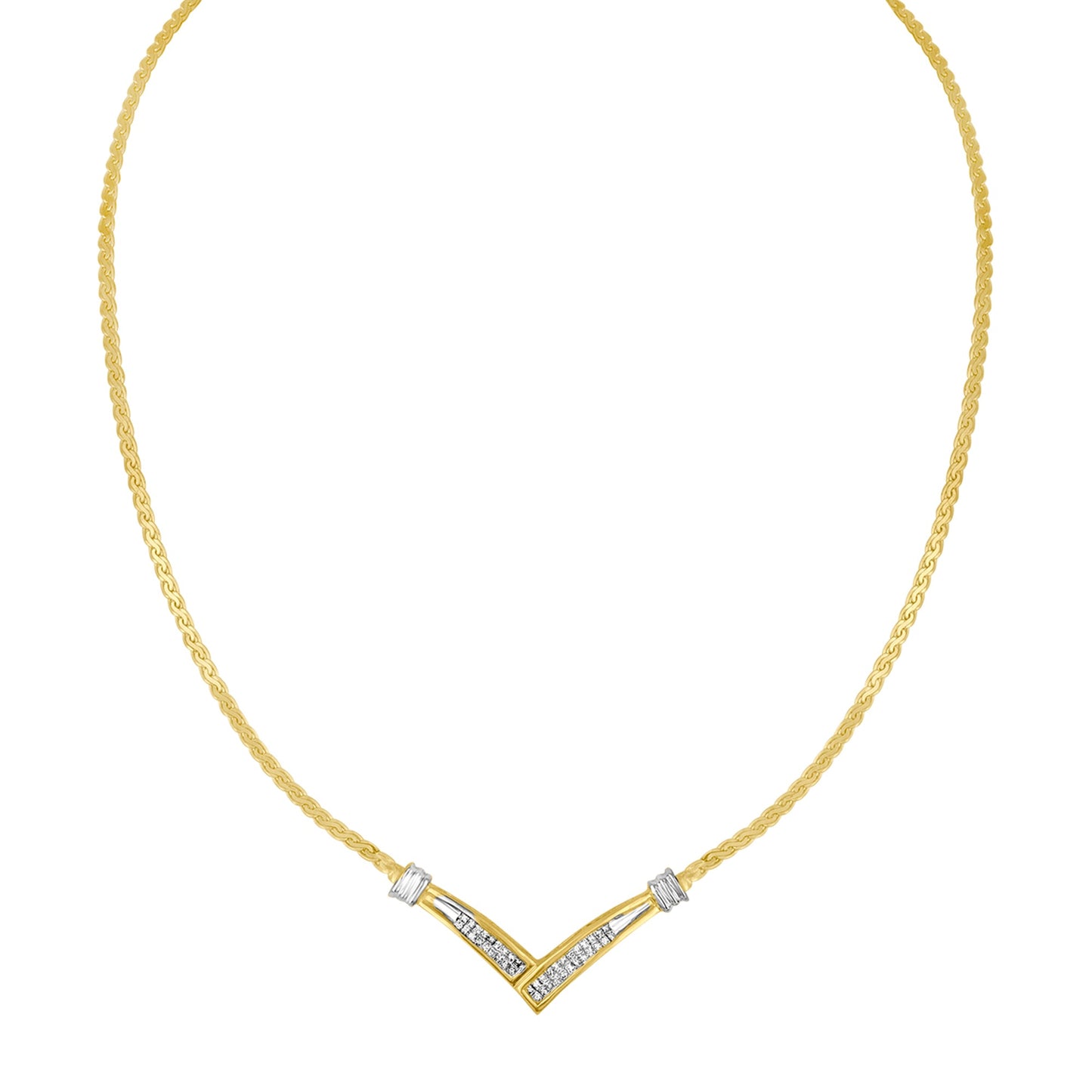 10K Yellow and White Gold 1/2 Cttw Princess Cut Diamond Channel-Set â€œVâ€ Shape 18" Franco Chain Necklace (H-I Color, SI2-I1 Clarity)