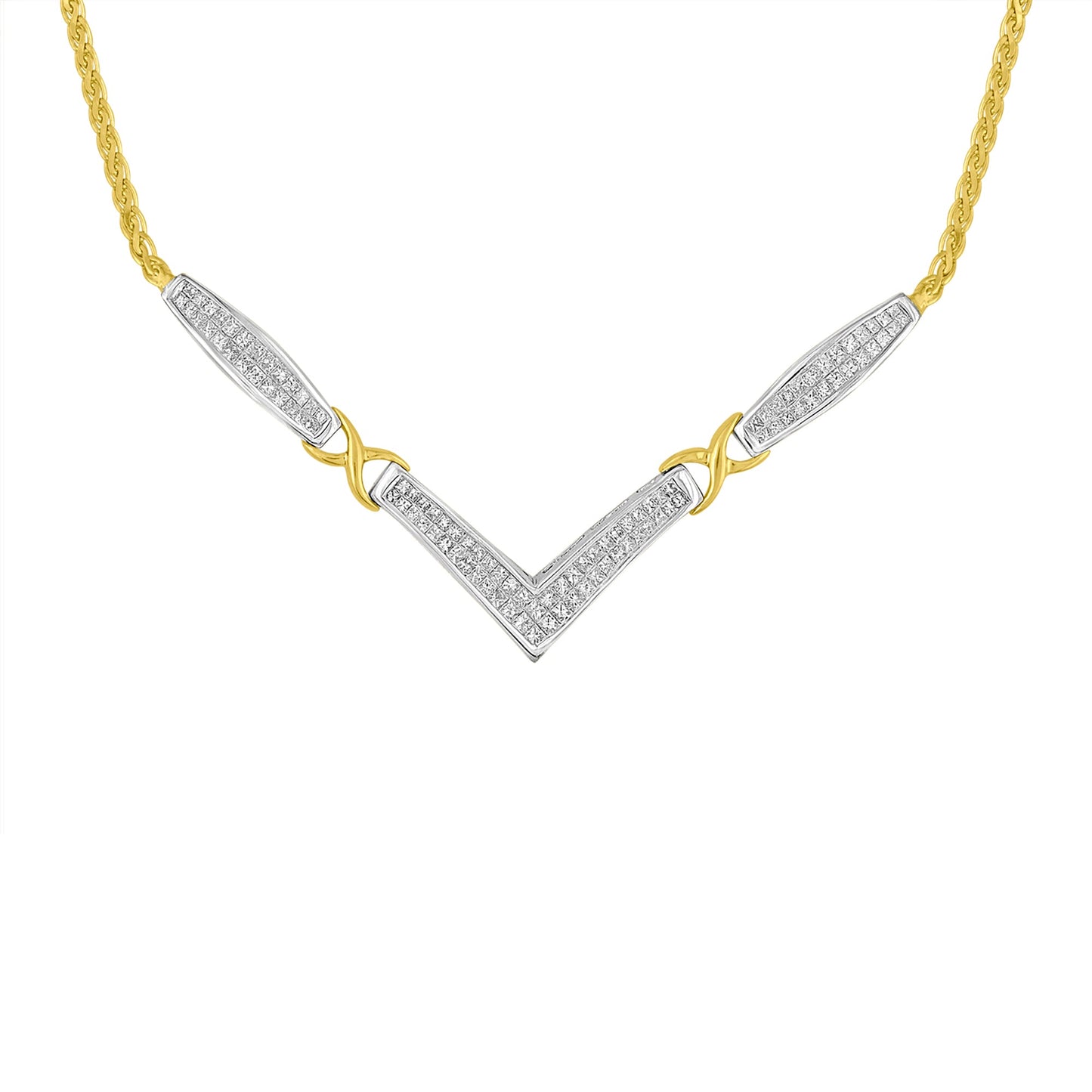 14K Yellow and White Gold 2.0 Cttw Princess Cut Diamond Flared and X-Station V Shaped 18â€ Franco Chain Statement Necklace (H-I Color, SI2-I1 Clarity)