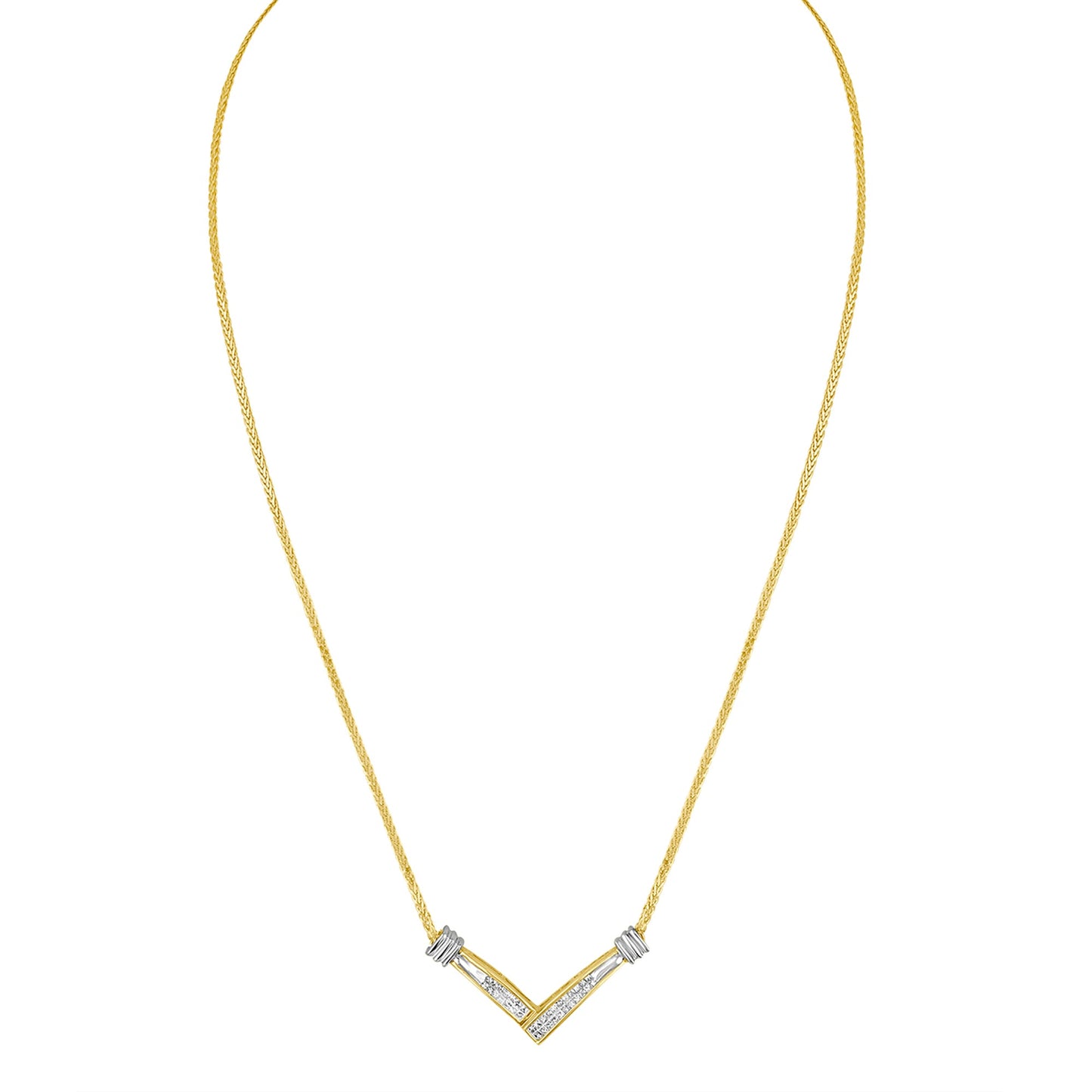14K Yellow and White Gold 1/4 Cttw Princess Cut Diamond Channel-Set â€œVâ€ Shape 18" Pendant Necklace (H-I Color, SI2-I1 Clarity)
