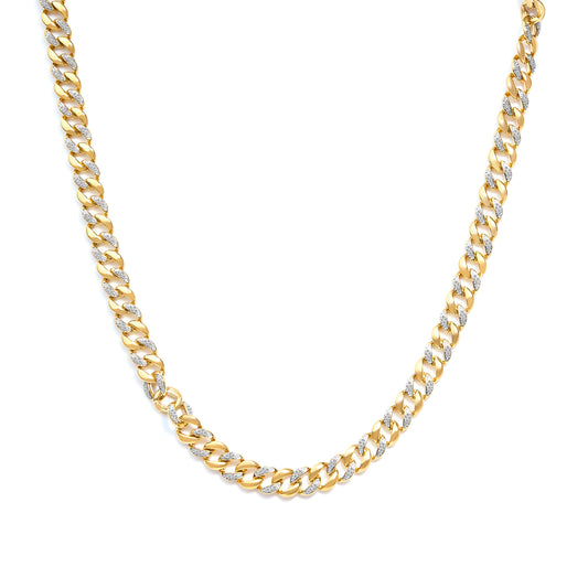 Collier maille cubaine en argent sterling 925 plaqué or jaune 14K avec diamants de 1,0 carat (couleur I-J, pureté I3) - 45,7 cm
