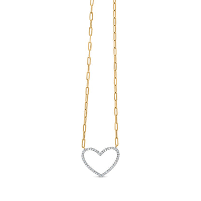14K Yellow Gold Plated .925 Sterling Silver 1/4 Cttw Diamond Open Heart with Paperclip Chain Pendant Necklace (I-J Color, I2-I3 Clarity) - 18" Inches