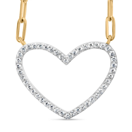 Collier pendentif cœur ouvert avec chaîne trombone en argent sterling 925 plaqué or jaune 14 carats et diamants 0,25 carat (couleur I-J, pureté I2-I3) - 45,7 cm