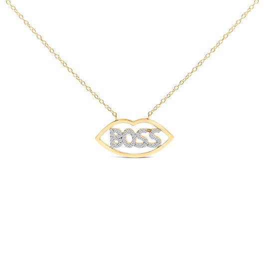 Collier en Argent Plaqué Or Jaune 14 carats avec Pendentif "Boss" serti de Diamants 0,25 ct - 45,7 cm