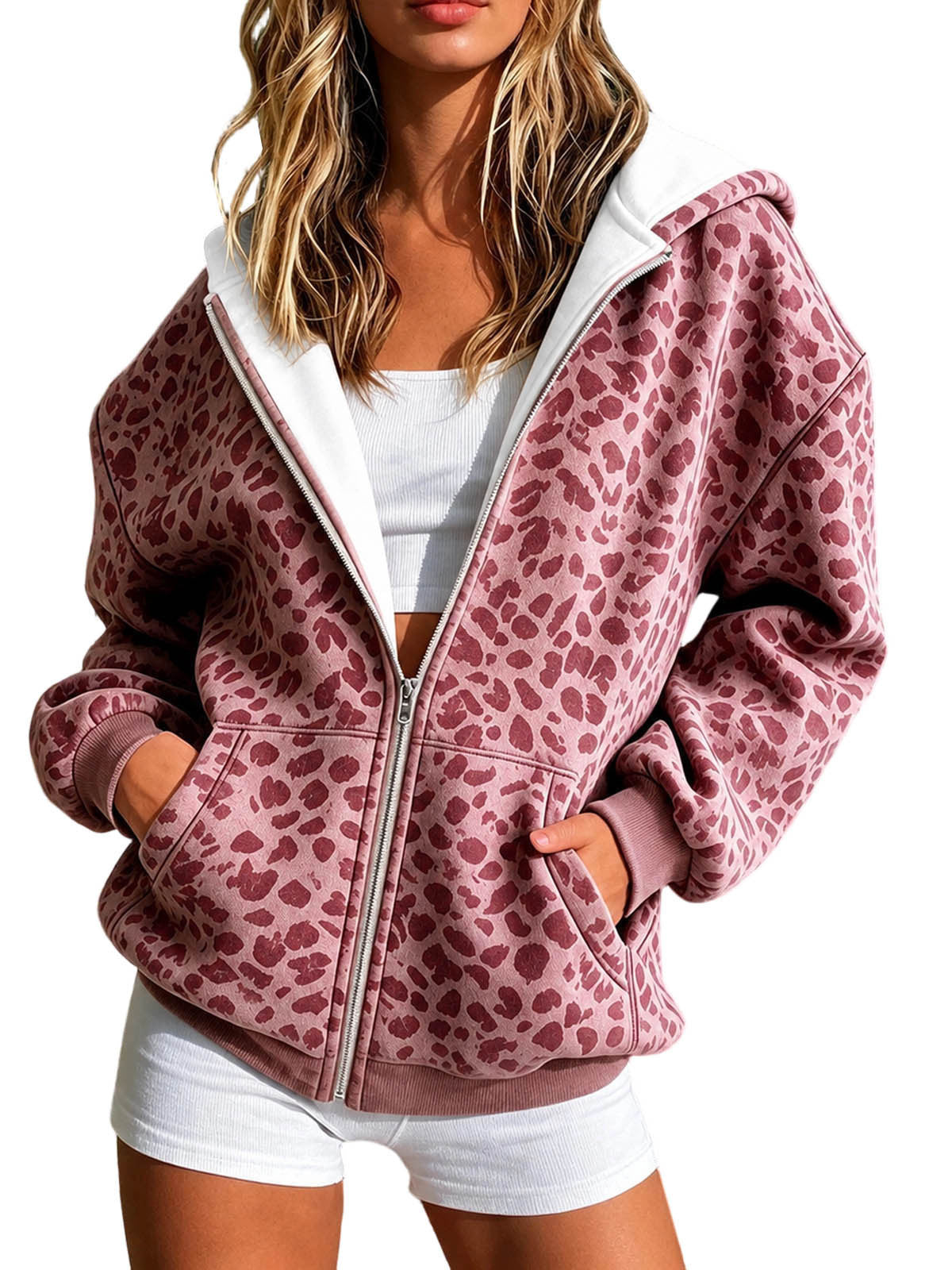 2026 Cross Border European And American Women's Fashion Leopard Print Hooded Zipper Sweatshirt Jacket Loose Casual Long Sleeve Cardigan Top