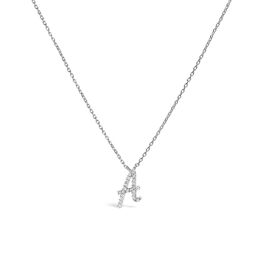 Collier avec pendentif en or blanc 14 carats avec diamant et initiale « A » de style manuscrit