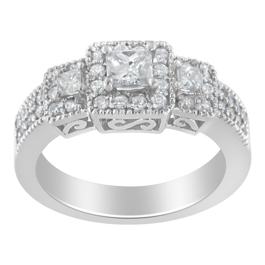 Bague trilogie en or blanc 14 carats avec diamants ronds et princesse (poids total de 1 carat, couleur H-I, pureté I1-I2) - Taille 7