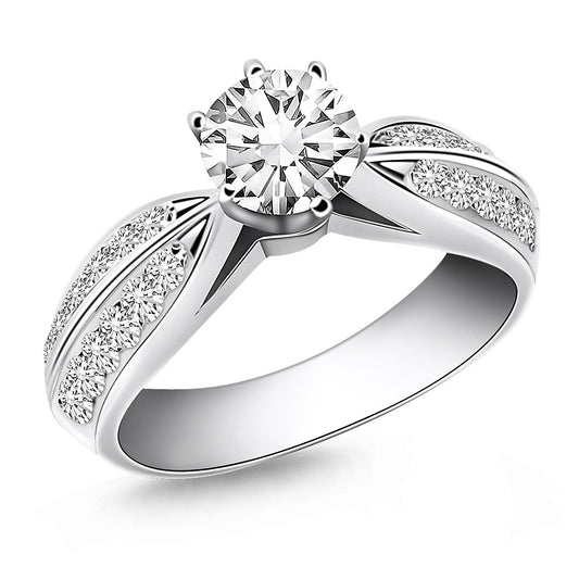Bague de fiançailles en or blanc 14 carats avec pavé de diamants double rangée cathédrale