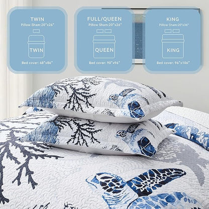 Coastal Bedding King Size Coastal Quilt with 2 Shams, Nautical Beach Comforter Sets Ocean Bedspreads Blue Seaturtle Coverlet Summer Bedding, 96''x106''