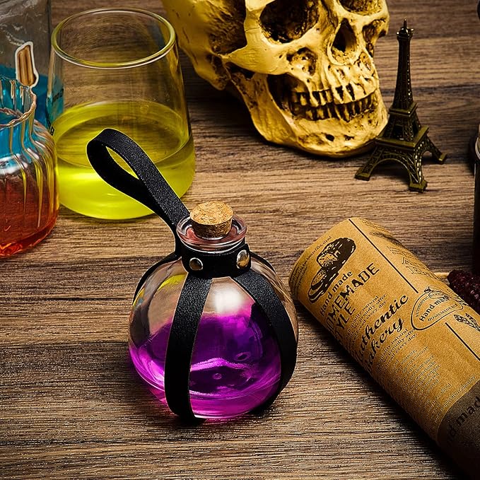 Patelai 6 Pcs Halloween Glass Potion Bottles with Belt Cork Renaissance Witch Costume Accessories Witch Props Potion Bottle for Halloween Party Decor Cosplay DIY Crafts Gift (Black,Brown)
