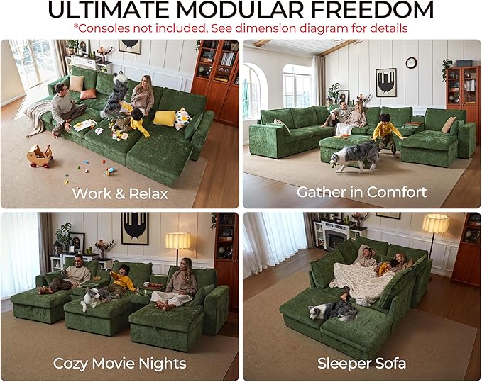Oversized Modular Sofa Comfy Cloud Couch with Storage, Extra Deep Plush Sectional Sofa Set for Living Room, Covers Washable, Chenille, Olar (Green, 4-Seater with Ottoman, l-Shaped)