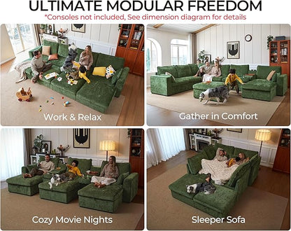 Oversized Modular Sofa Comfy Cloud Couch with Storage, Extra Deep Plush Sectional Sofa Set for Living Room, Covers Washable, Chenille, Olar (Green, 4-Seater with Ottoman, l-Shaped)