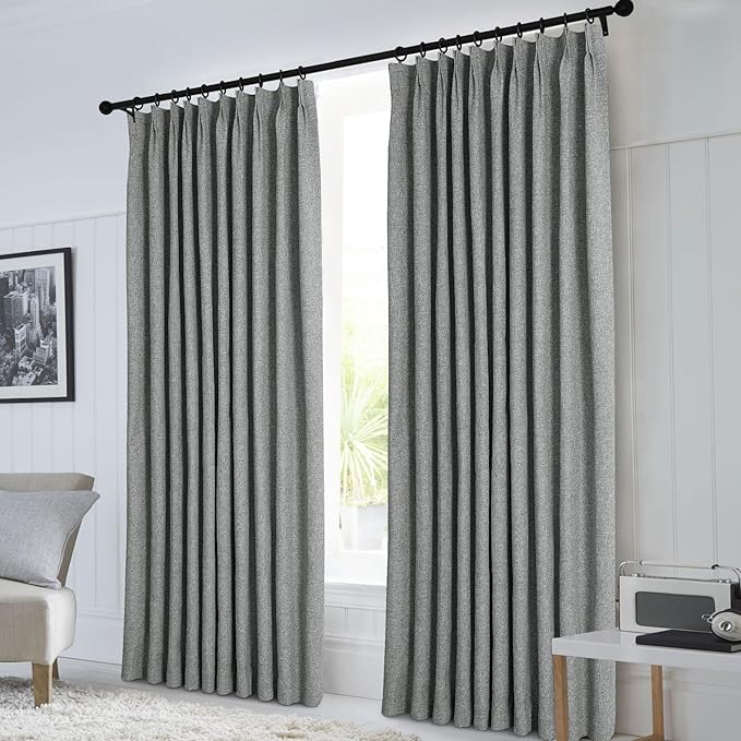 Macochico 52”Wx96”L 100% Blackout Curtains for Bedroom Living Room Nursery Mid Grey Pinch Pleated Linen Curtains Farmhouse Burlap Drapes Thermal Window Panels with Hooks and Tieback 1 Panel