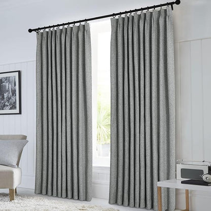 Macochico 52”Wx96”L 100% Blackout Curtains for Bedroom Living Room Nursery Mid Grey Pinch Pleated Linen Curtains Farmhouse Burlap Drapes Thermal Window Panels with Hooks and Tieback 1 Panel