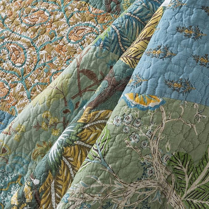 NEWLAKE Cotton Patchwork Bedspread, 3-Piece Bedding Quilt Set with Real Stitched Embroidery, Reversible Matelasse Bed Coverlet Set,Green Farmhouse Garden,King Size