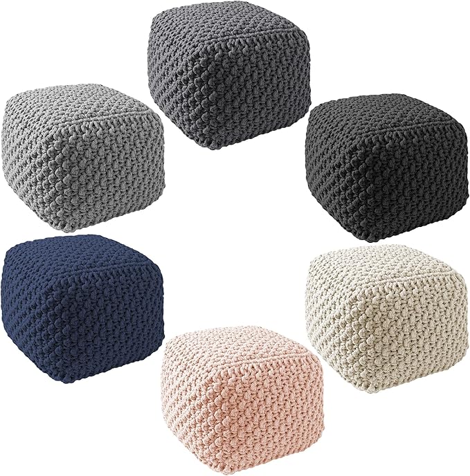 Casafield Square Pouf Ottoman, Dark Gray 18.5" W x 18.5" D x 14.5" H Cotton Knit Foot Stool - Boho Floor Pouffe for Living Room, Bedroom, Home Office