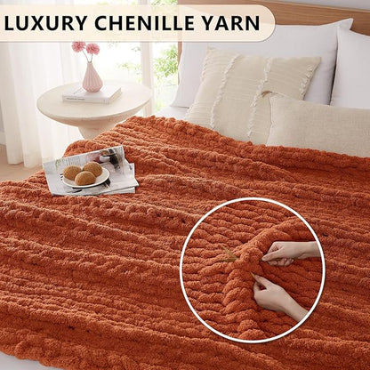 L'AGRATY Chunky Knit Blanket Throw: 80''x90'' Chenille Chunky Knitted Throw Blankets for Bed Couch - Handmade Thick Big Cable Knit Blanket - Large Crochet Rope Blankets for Home Decor(Rusty Orange)