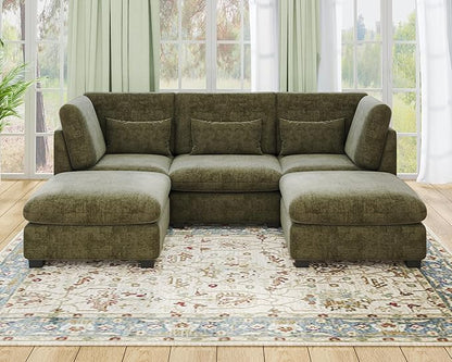 Oversized Modular Sofa, Extra Deep Cloud Chenille Sectional Couch with Ottoman Chaise, Fluffy Chenille 5 Seater Sofa Bed for Living Room, Villa (U Shape 5 Seater, Chenille Green)
