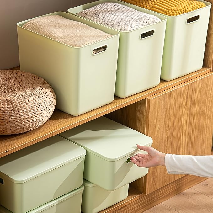 5 pack large plastic White storage bins Baskets, Toy Box Chest with Lids and Handle，Organizer Containers for Baby，Kids,snacks,Nursery，Shelves，Playroom, Bedroom，Office,Closet，home