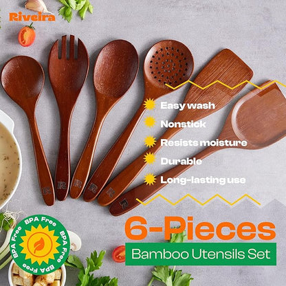 Riveira Set of 6 Premium Brown Bamboo Cooking Utensils - Bamboo Utensils for Cooking - Non-Toxic Kitchen Set - Wooden Kitchen Utensils for Non-Stick Cookware