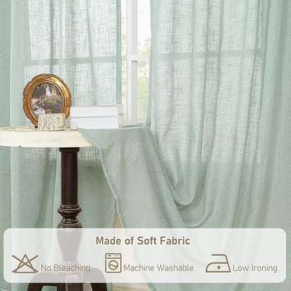 LAMIT Light Sage Linen Curtains 84 inch Length 2 Panels Set, Linen Textured Light Filtering Drapes Bronze Grommet Boho Burlap Panels for Bedroom/Living Room, 52 x 84 Inch