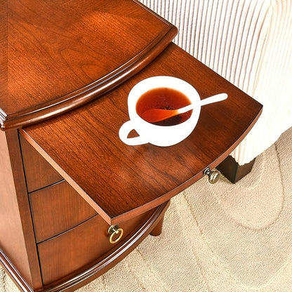 Set of 2 Solid Wood End Table with 3 Drawers, Fully Assembled Nightstand with Sliding Shelf, Pre-Assembled Vintage Wooden Beside Tables In Cherry Brown for Small Space,13.4*22.4*22.6in