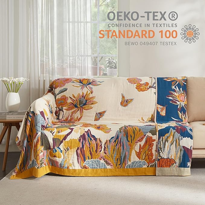 Boho Throw Blanket for Bed 60”x80”, 100% Cotton Woven Blanket for Couch Sofa, Ultra Soft 4-Layer Muslin Quilt with Floral Printed, Farmhouse Bed Blanket/Cover for Living Room Decor
