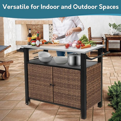 Grill Cart Outdoor with Wheels, Outdoor Prep Table with Wicker Storage and Rolling Wheels, Kitchen Island Serving Cart with Stainless Steel Table Top for BBQ, Porch, Patio, Brown