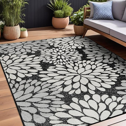 Beverly Rug Outdoor Rug 6x9 Modern Exotic Tropical Leaf Area Rugs for Indoor and Outdoor Patio Deck Porch Garden Water Resistant Washable Outside Carpet (6 x 9 Dark Gray)