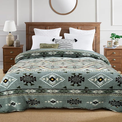 CASAAGUSTO Boho Sherpa Throw Blanket, Aztec Queen Blanket, Ultra Soft, Warm, Cozy, Plush, Thick Fleece Bohemian Throw Blanket for Couch, Bed, Sofa (Olive Green 90 * 90 Inch)
