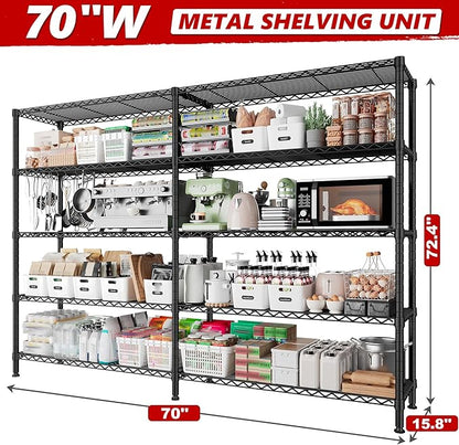 REIBII 70"W Storage Shelves Load 1600LBS, Metal Shelving 5-tier Wire Shelving Unit Metal Shelves for Storage Adjustable Garage Shelving for Pantry Kitchen Garage Commercial school 70"W*15.8"D*72.4"H