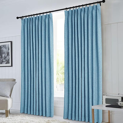 Macochico Pinch Pleated 100% Blackout Curtains Blue Linen Curtains for Bedroom Living Room Farmhouse Thermal Insulated Window Panels Pleated Curtains with Hooks and Tieback 52”Wx72”L 1 Panel