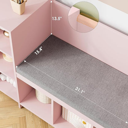 HOSTACK 67" Kids Reading Nook with Bench, Kids Bookshelf and Bookcase with Seat Cushion and 6 Storage Cubbies, Toy Storage Box on Wheels, Toy Chest for Playroom, Bedroom, School, Pink