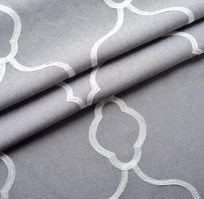 MIUCO Moroccan Embroidery Semi Sheer Curtains Faux Linen Grommet Curtains for Bedroom 52 x 63 Inch 2 Panels, Grey