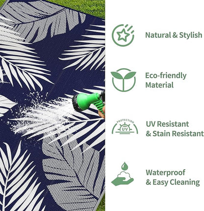 GENIMO Outdoor Rug 5' x 8' Waterproof for Patios Clearance, Reversible Outdoor Plastic Straw Camping Rug Carpet, Large Area Rugs Mats for RV, Picnic, Backyard, Deck, Balcony, Porch, Beach, Blue&White