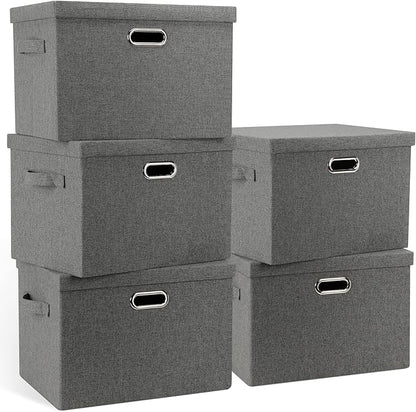 Large 17" 36 Quart Collapsible Stackable Storage Bins with Lids, 5 Packs Gray Foldable Fabric Closet Storage Boxes with Lids, Heavy-duty Linen Cube Baskets(17 x 12 x 11)