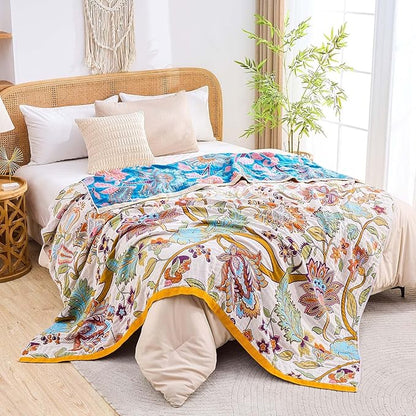 Boho Throw Blanket for Bed, 100% Cotton Soft Rustic Quilt Fall Blanket, 90"x98" Floral Printed Farmhouse Decor Bed Blankets, All Season Rustic Reversible Bohemian Throw Quilt