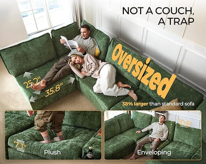 Oversized Modular Sofa Comfy Cloud Couch with Storage, Extra Deep Plush Sectional Sofa Set for Living Room, Covers Washable, Chenille, Olar (Green, 3-Seater, Basic Shape)