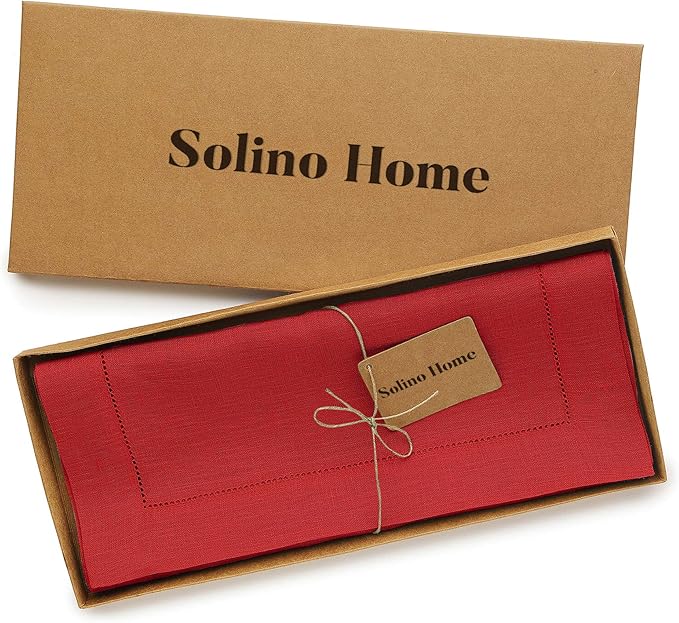 Solino Home Linen Red Table Runner 60 Inches - Classic Hemstitch, 100% Pure Linen Coffee Table Runner 14 x 60 Inch Ideal for Dresser Tables
