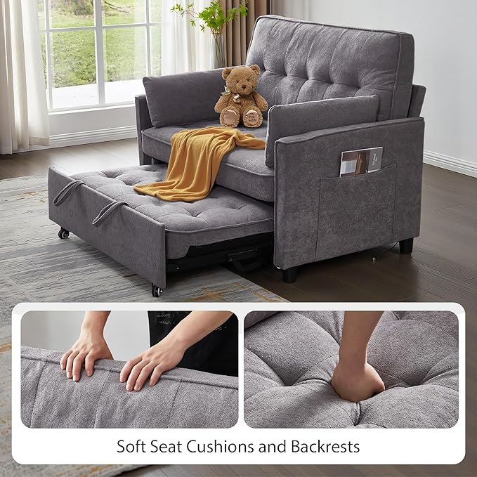 Convertible Sofa Bed, 3 in 1 Pull Out Couch, Loveseat Sleeper with Side Pocket, Living Room Sofa with Adjustable Backrest | USB Charging Port | Two Pillows | Towel Fabric | Dark Gray