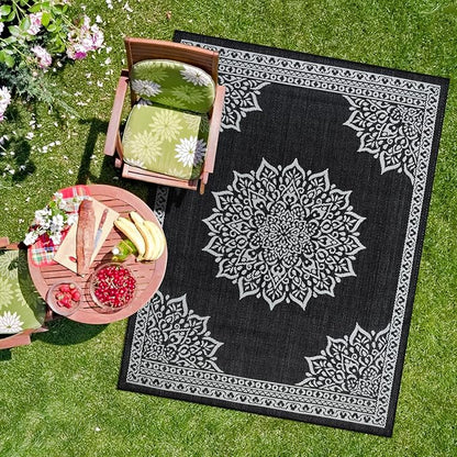 CAMILSON Indoor Outdoor Rug, 10x14 Medallion Black White Modern Area Rugs for Large Indoor and Outdoor Patios, Kitchen and Hallway Mats, Washable Porch Deck Outside Carpet (Medallion Black, 10 x 14)