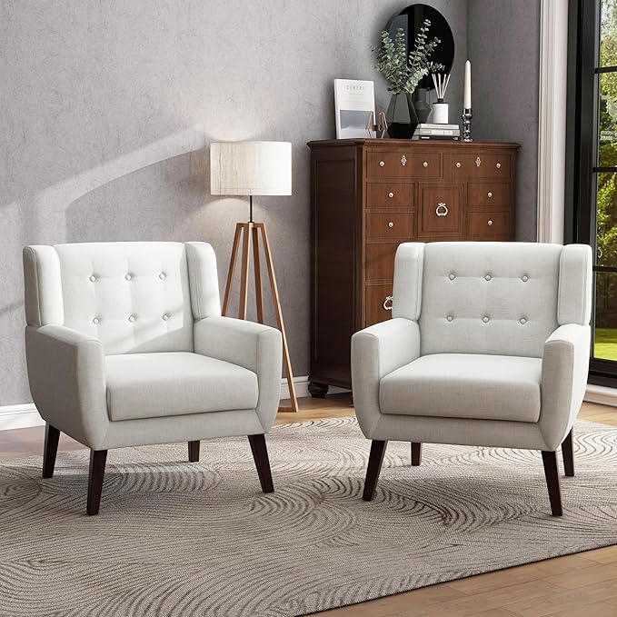 UIXE Accent Chair Modern Upholstered Armchair, Comfy Living Room Arm Chairs Mid Century Single Sofa Reading Side Seat for Bedroom, Home Office - Beige