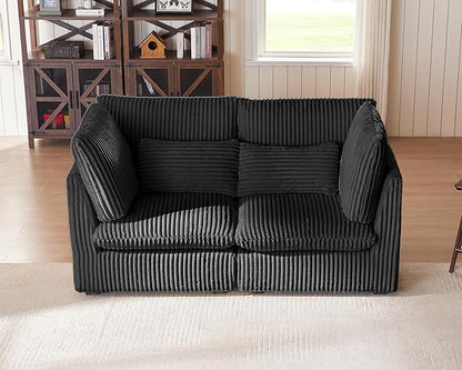 Oversized Modular Sofa, Extra Deep Cloud Corduroy Sectional Couch with Ottoman Chaise, Fluffy Corduroy 2 Seater Sofa Bed for Living Room, Villa (Loveseat Sofa, Corduroy Black)