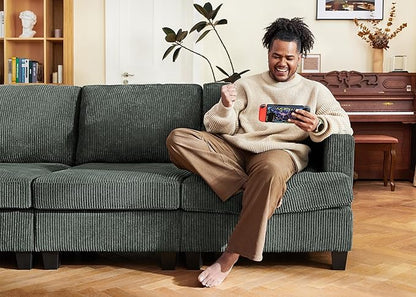 Nolany Corduroy Sectional Couch with Storage Ottoman, Sleeper Sectional Sofa, Modular Sectional Couches for Living Room, Green