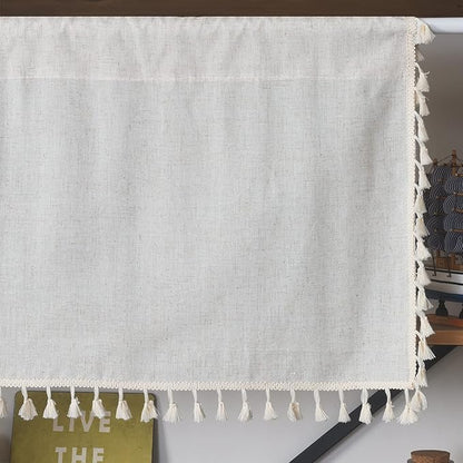 Sutuo Home Boho Sheer Curtain Valance Tier Cotton Linen with Bohemian Handmade Tassels, Short French Farmhouse Window Treatment for Kitchen Cafe, Rod Pocket, 1 Panel 59" W x 24" L, Natural Textured
